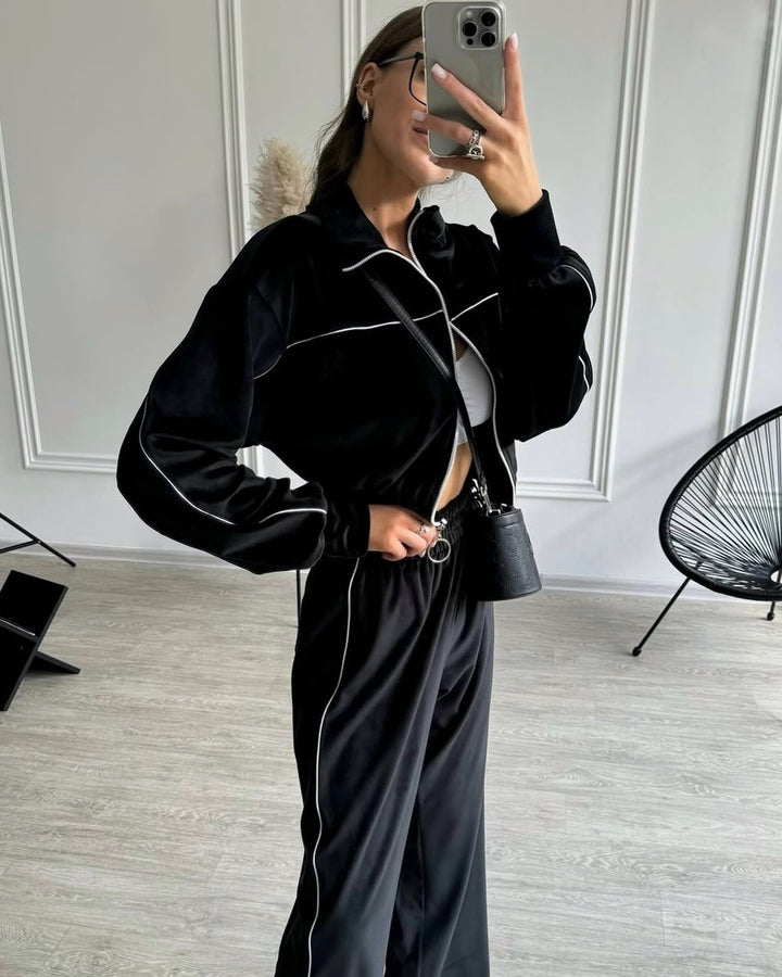 Damen Sportliches Velours-Joggingset mit hohem Kragen und Reißverschluss Drune