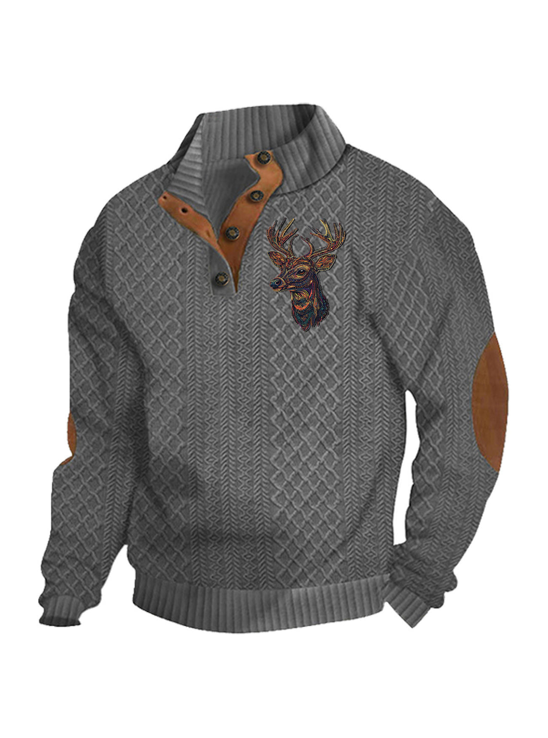 Herren nan Heritage-Strukturpullover mit Stehkragen Lederimitat-Besatz Ellenbogen-Patches und Halbknopfleiste Drune