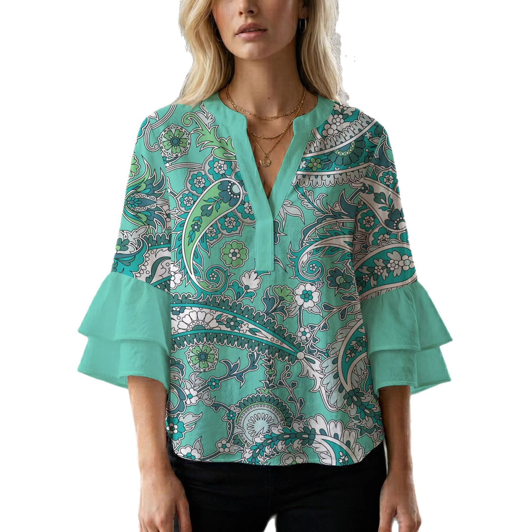 Damen elegantes Blusenshirt mit voluminösen Rüsenärmeln und grafischem Blumendesign Drune