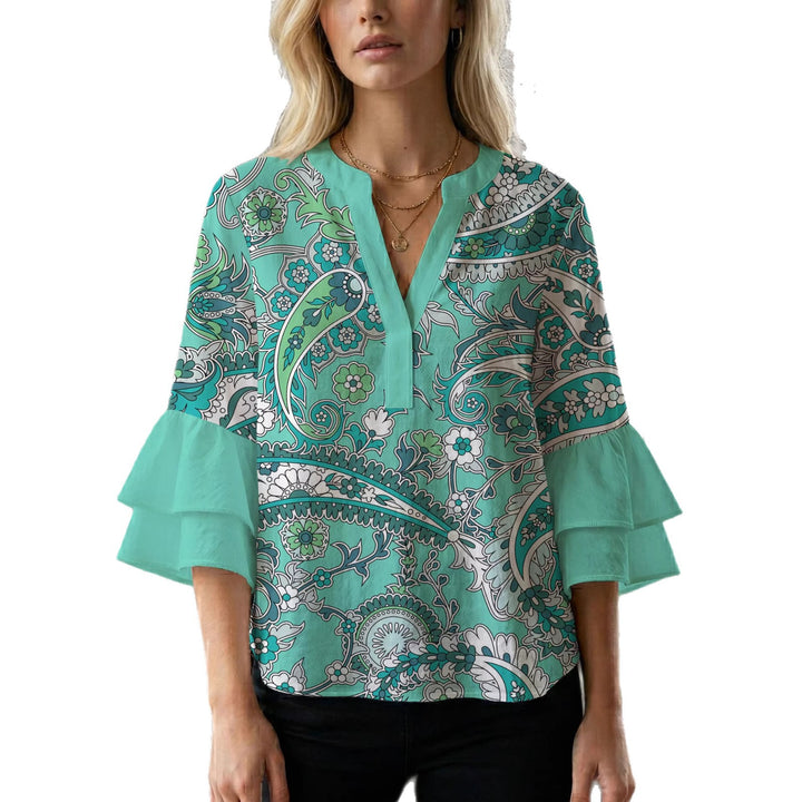 Damen elegantes Blusenshirt mit voluminösen Rüsenärmeln und grafischem Blumendesign Drune