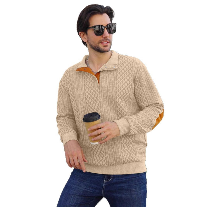 Herren nan strukturierter Henley-Pullover mit Stehkragen, Knopfleiste und Lederoptik-Ellbogenbesatz Drune