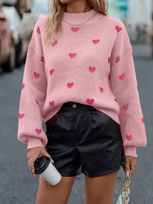 Damen Strickpullover mit herzförmigem Muster und balloonärmel Drune
