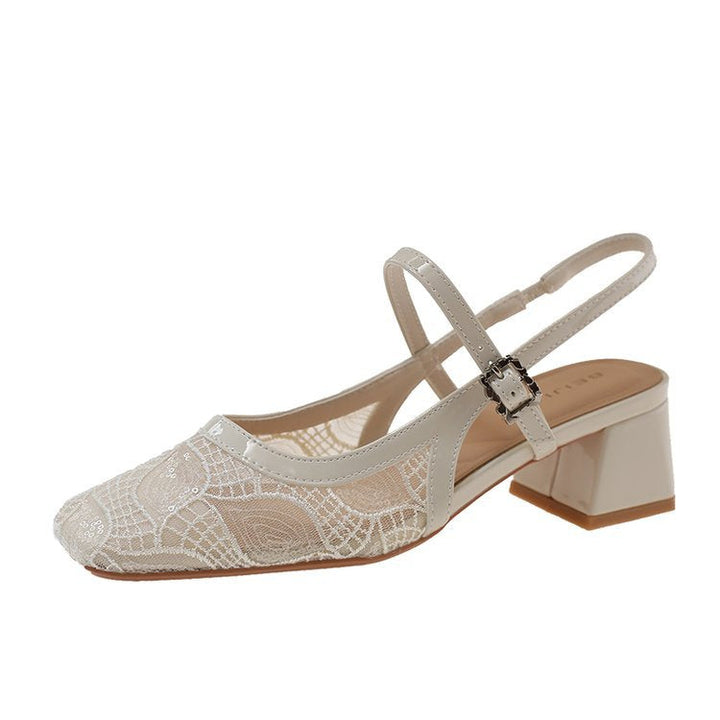 Damen Slingback-Pumps mit floralem Spitzenmuster und elegantem Blockabsatz Drune