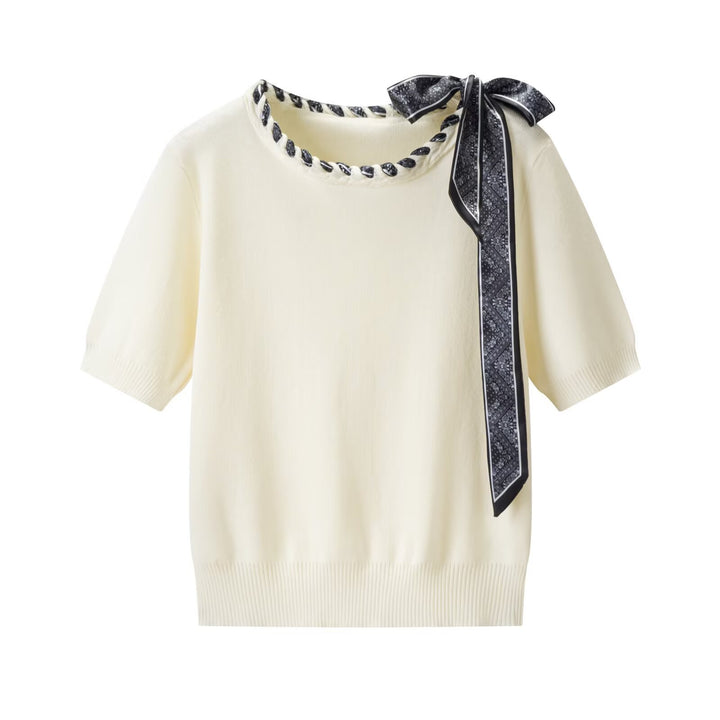 Damen Kurzarmpullover mit dekorativem Halsband und stylischem Schleifendetail Drune