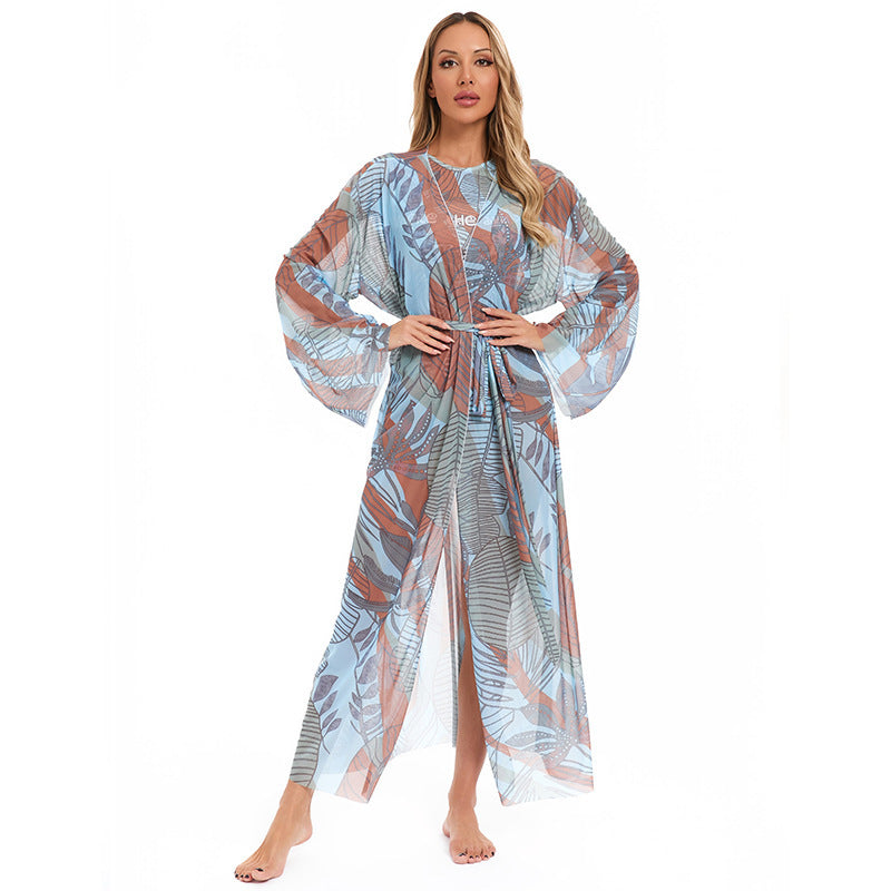 Damen eleganter transparenter Strandkimono mit floralem Design Drune