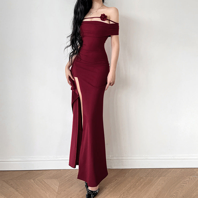 Damen elegantes Off-Shoulder-Maxikleid mit raffiniertem Schnitt und floralen Akzenten Drune