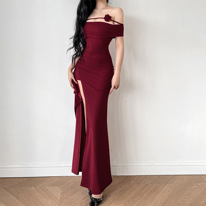 Damen elegantes Off-Shoulder-Maxikleid mit raffiniertem Schnitt und floralen Akzenten Drune