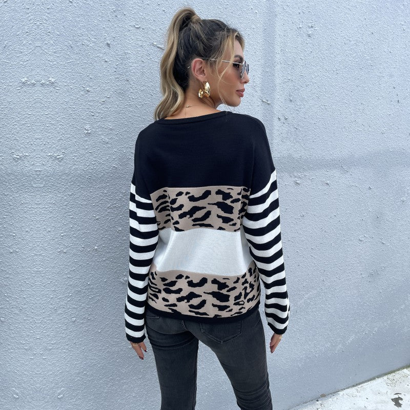 Damen lässiger Pullover mit gestreiften Ärmeln und Animal-Print Drune