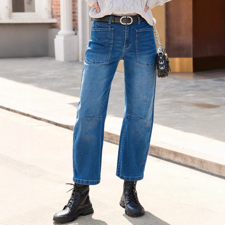 Damen halbhohe Denim-Hose mit einzigartigen aufgesetzten Taschen Drune