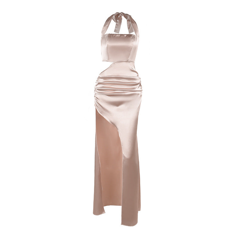 Damen elegantes Halter-Maxikleid mit Drapierungen und hohem Schlitz Drune