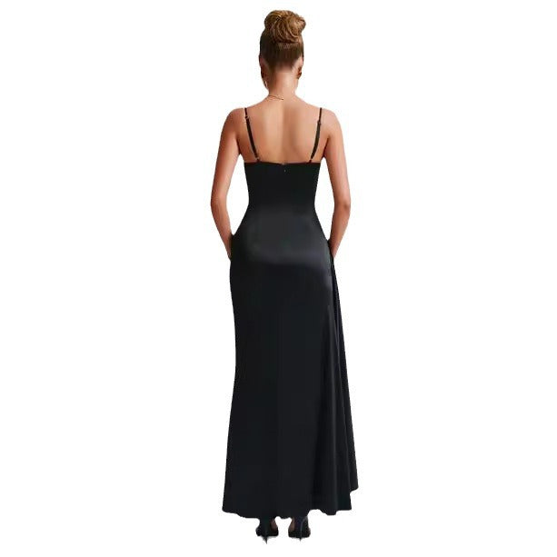 Damen Elegantes Hochgeschlossenes Maxikleid mit seitlichem Schlitz und feinen Spaghettiträgern Drune