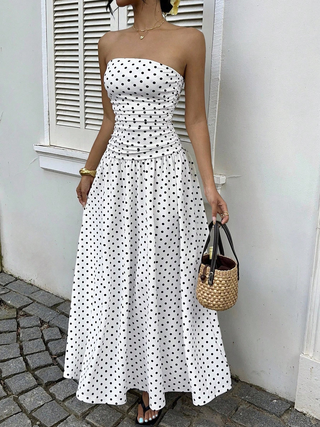 Damen Maxikleid mit trägerlosem Design und Punktmuster Drune