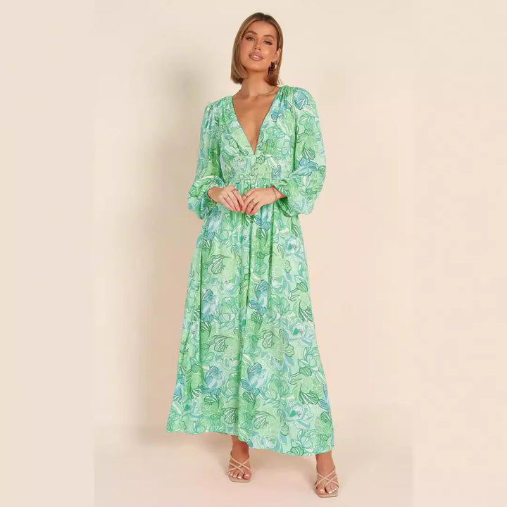 Damen Blütenmuster Sommerkleid mit tiefem V-Ausschnitt und Puffärmeln Drune