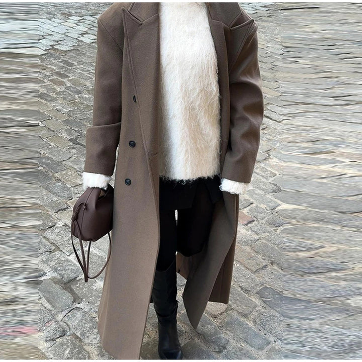 Damen Eleganter Doppelreiher-Wollmantel Drune