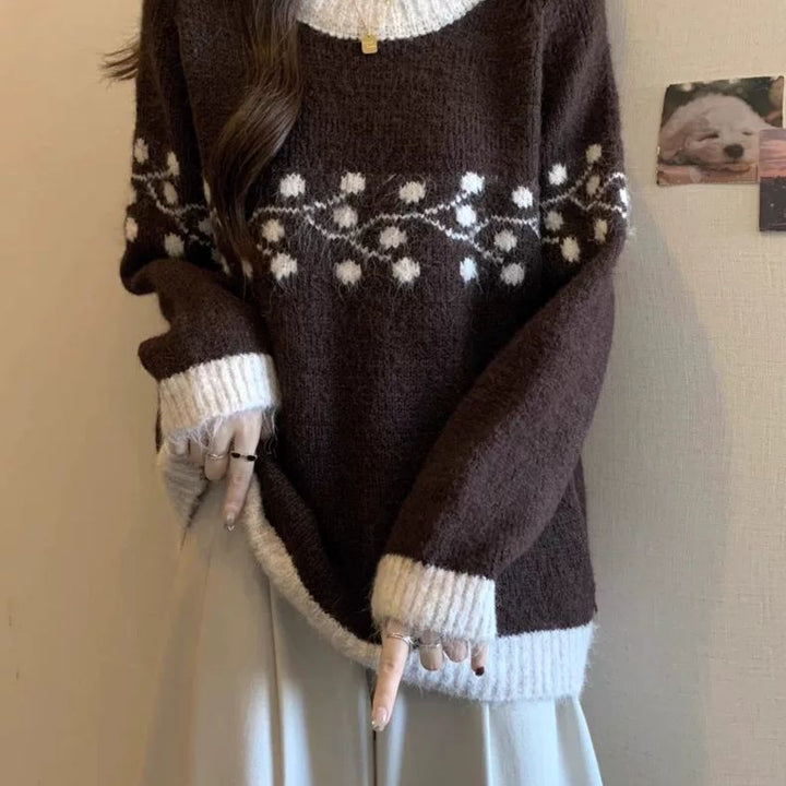 Damen Weicher Strickpullover mit floralem Muster und kontrastierenden Spitzen Drune