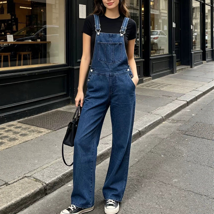 Damen nan weite Denim-Latzhose mit hoher Taille, verstellbaren Trägern und lässigem Schlag Drune