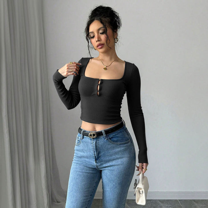 Damen Langarm-Crop-Top mit eleganter knopfverzierter Front Drune