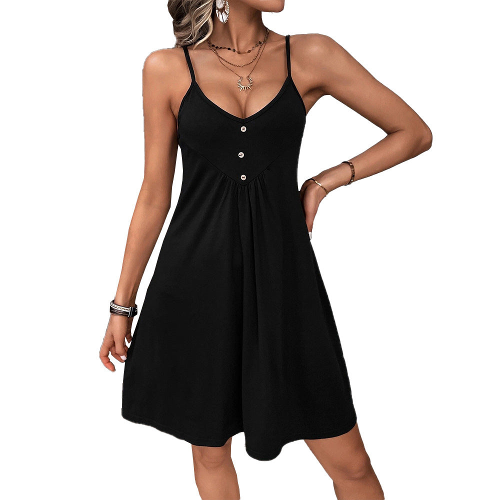 Damen luftiges Sommerkleid mit Knöpfen und Spaghettiträgern Drune