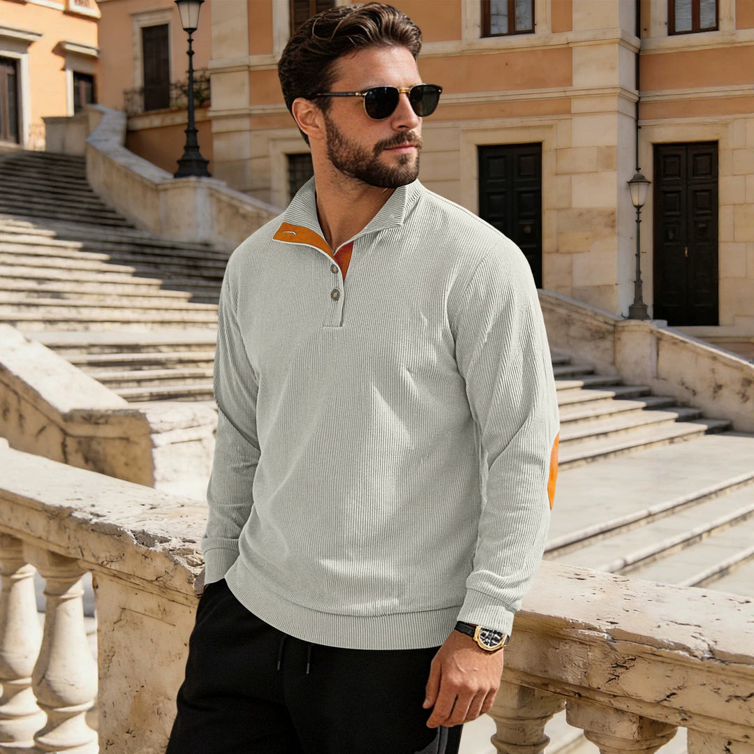 Herren nan fein gerippter Strickpullover mit Polokragen Knopfleiste und Ellenbogenbesatz Drune