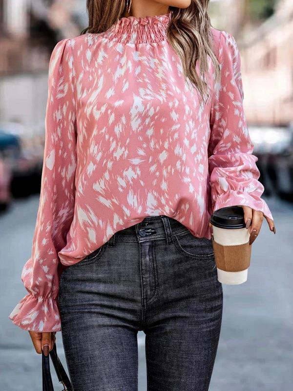 Damen Modische Bluse mit Rüschensaum und Animal-Print Drune
