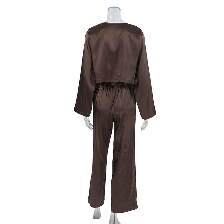 Damen elegantes Satin-Hose-Set mit tiefem V-Ausschnitt und Kordelzug Drune