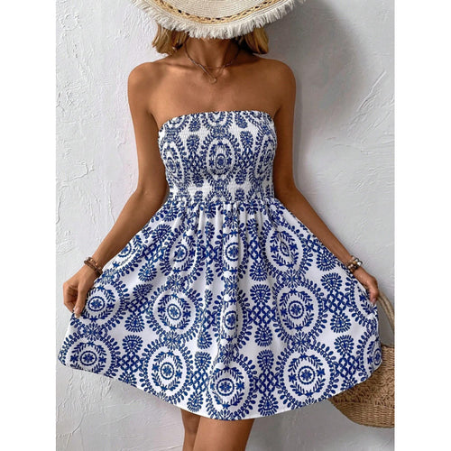 Damen strapless Sommerkleid mit elastischem Taillenzug und floralem Design Drune