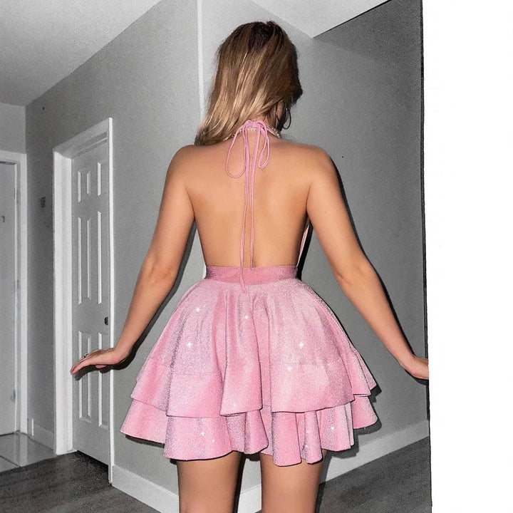 Damen Verspielt Glamouröses Minikleid mit tiefem V-Ausschnitt und schwingendem Rock Drune