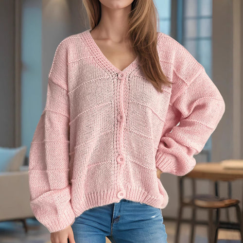 Damen lässige Strickjacke mit tiefem V-Ausschnitt und eleganten Knopfdetails Drune
