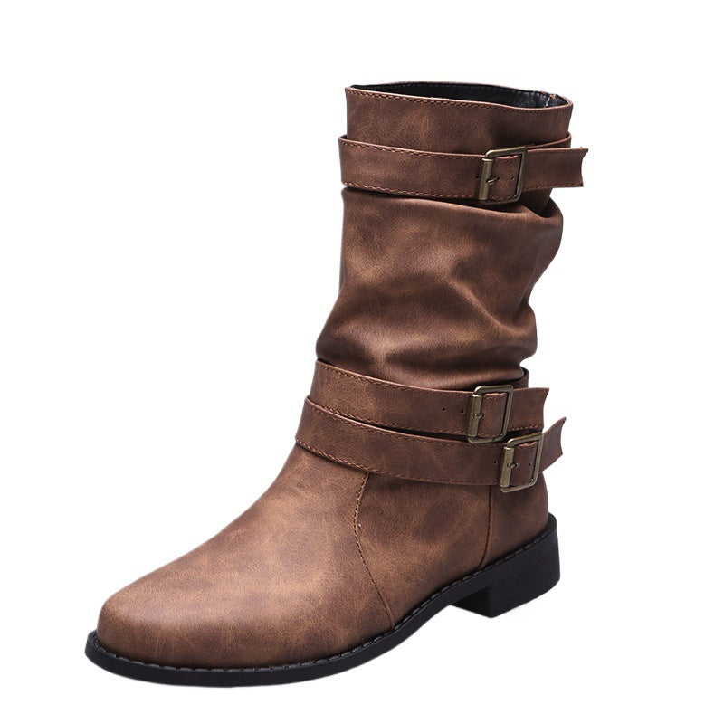 Damen nan lässige knöchelhohe Stiefelette mit gerafftem Schaft, dekorativen Schnallenriemen und flexibler Profilsohle Drune