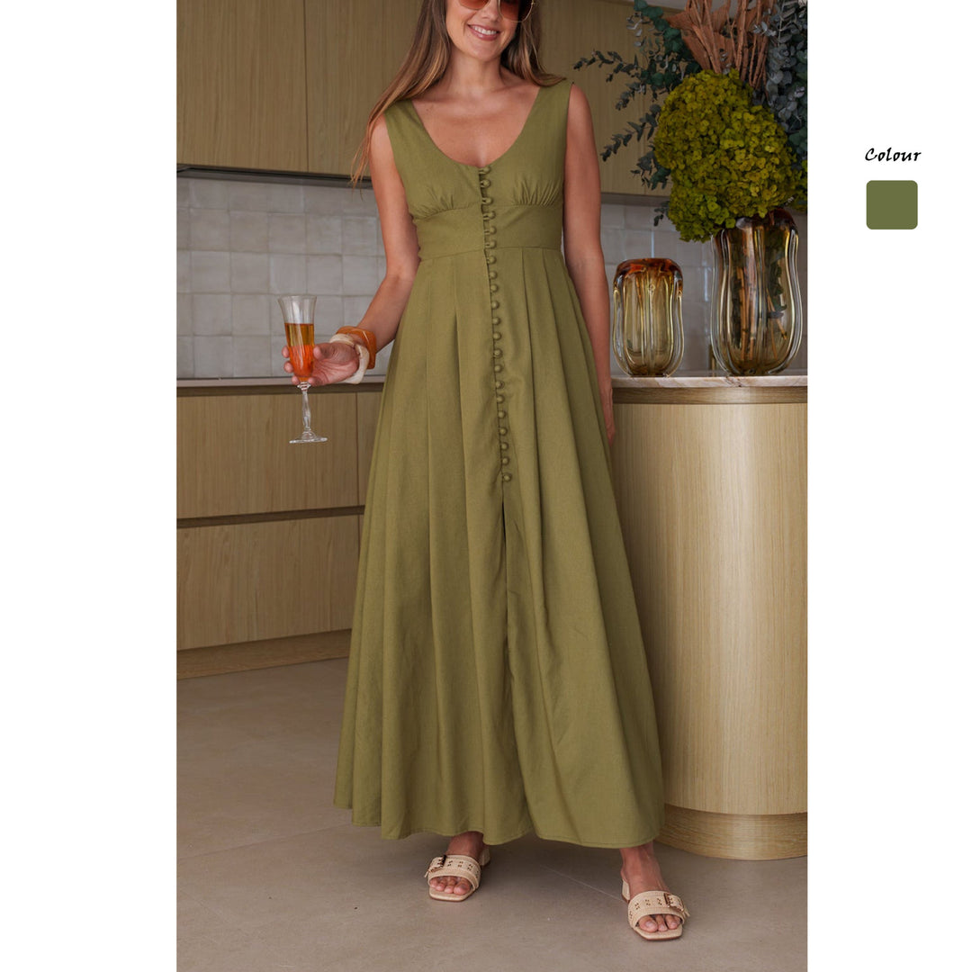 Damen Maxikleid mit schickem Knopfdesign und elegantem V-Ausschnitt Drune
