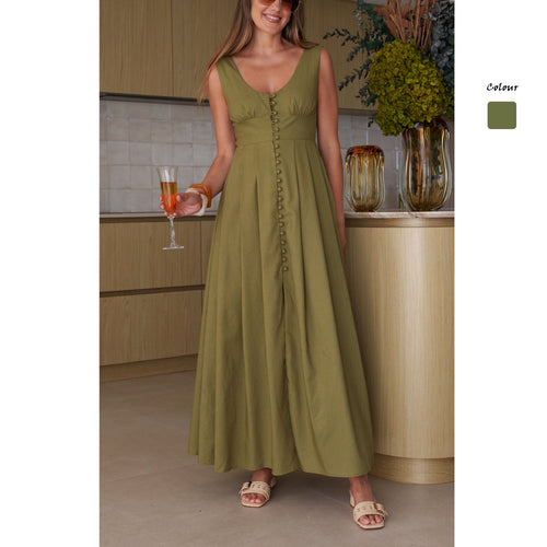 Damen Maxikleid mit schickem Knopfdesign und elegantem V-Ausschnitt Drune