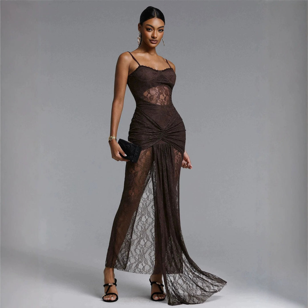 Damen Elegantes Spitzenmaxikleid mit raffinierter Drapierung Drune