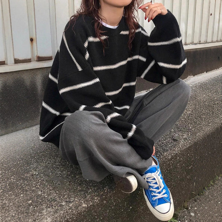 Damen Modischer Oversized-Pullover mit Streifenmuster und weitem Schnitt Drune