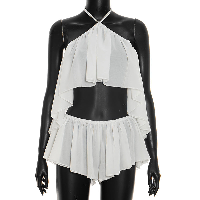 Damen Paty-Set mit Flügelbesatz und elastischen Shorts Drune