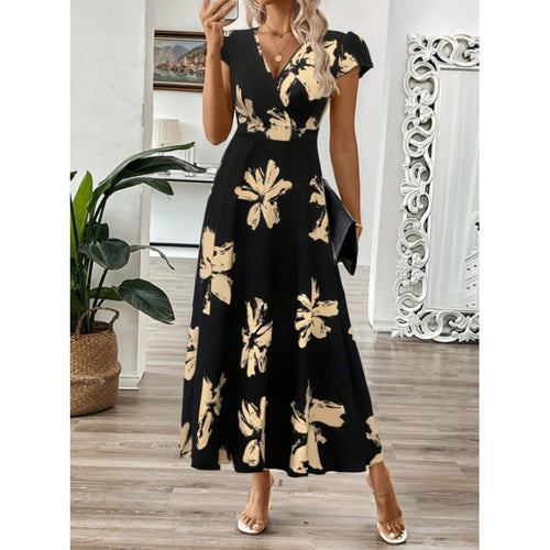 Damen Langarm-Maxikleid mit floralem Design und elegantem V-Ausschnitt Drune