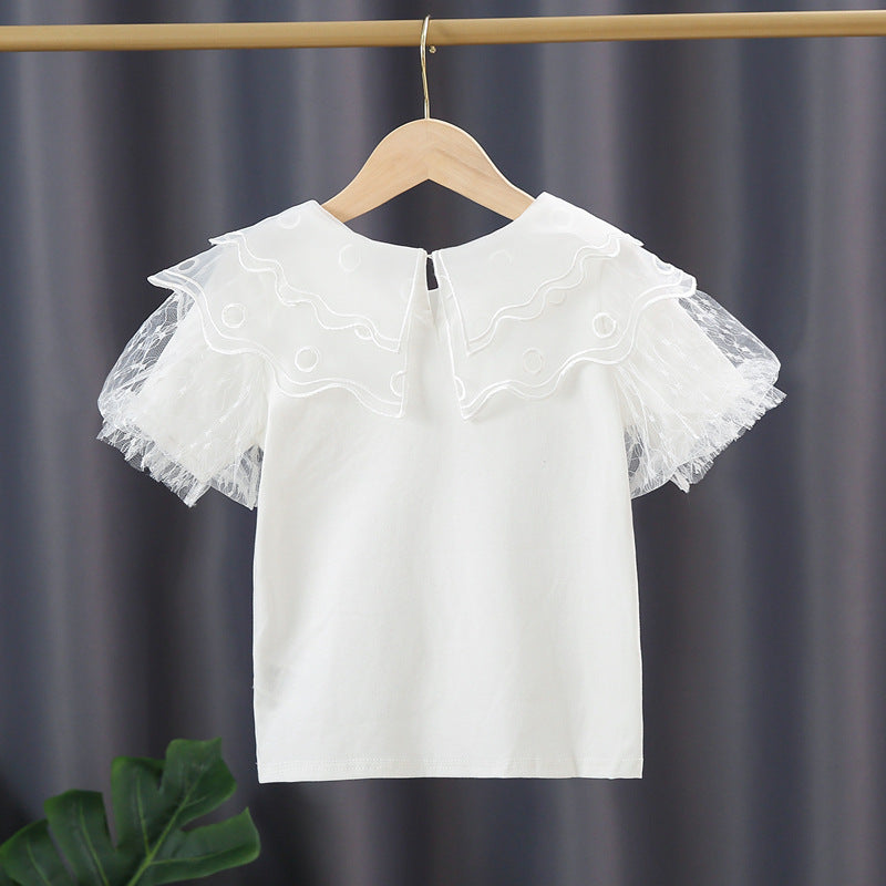Mädchen Bluse mit transparenten Tüllärmeln und floralem Design Drune