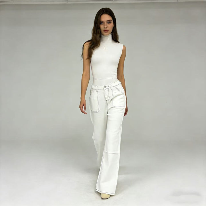 Damen nan hochgeschnittene Relaxed-Jeans mit geradem Bein und aufgesetzten Fronttaschen Drune