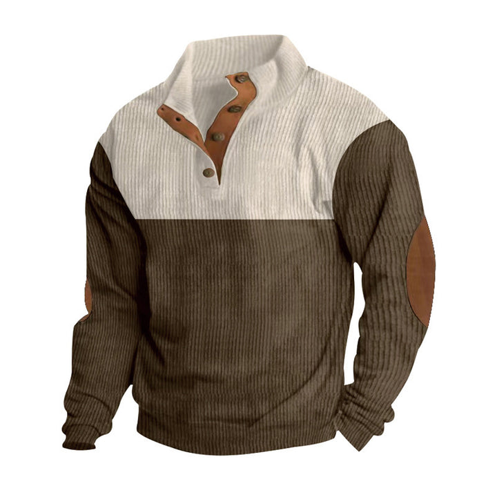 Herren nan gerippter Pullover mit Stehkragen, Knopfleiste und Ellbogen-Patches Drune