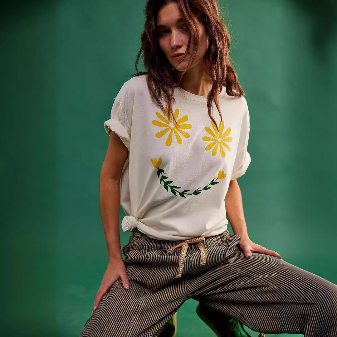 Damen lässiges T-Shirt mit floralem Smiley-Druck und Oversized-Schnitt Drune