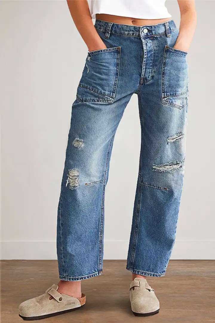 Damen weit geschnittene Jeans mit kreativen Taschen und Destroyed-Details Drune