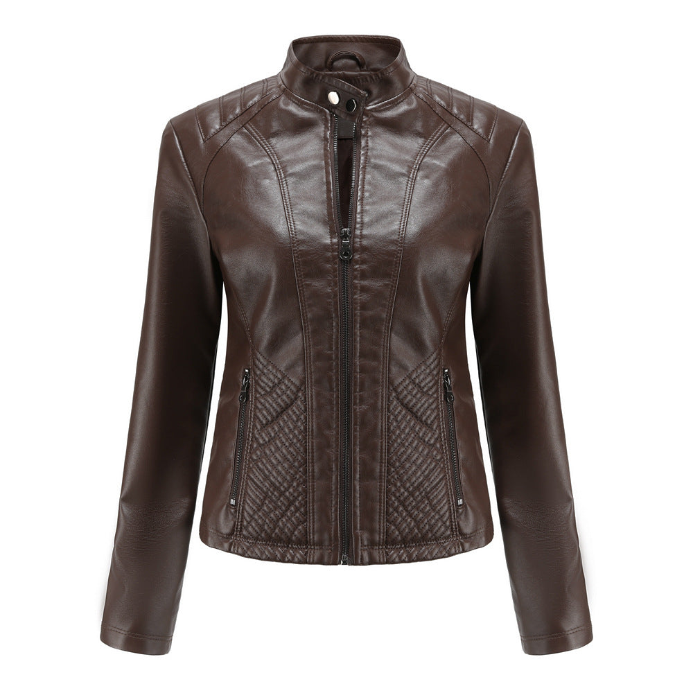 Damen nan taillierte Biker-Kunstlederjacke mit Stehkragen und gesteppter Seitenpartie Drune