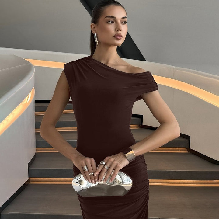 Damen Elegantes Maxikleid mit asymmetrischem Ausschnitt und Raffungen Drune