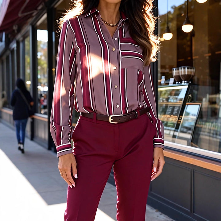 Damen Elegante schicke Bluse mit feinen Streifen und klassischem Kragen Drune