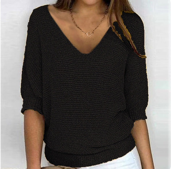 Damen nan lässiger Strickpullover mit V-Ausschnitt und Fledermausärmeln Drune