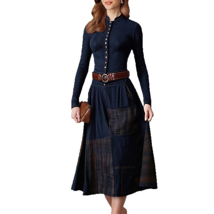 Damen Elegantes Midi-Kleid mit Knopfleiste und Kontrastdetails Drune