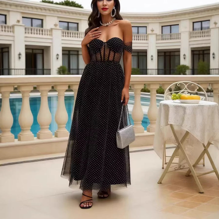 Damen Elegant schulterfreies Maxikleid mit transparenten Einsätzen und Pünktchenmuster Drune