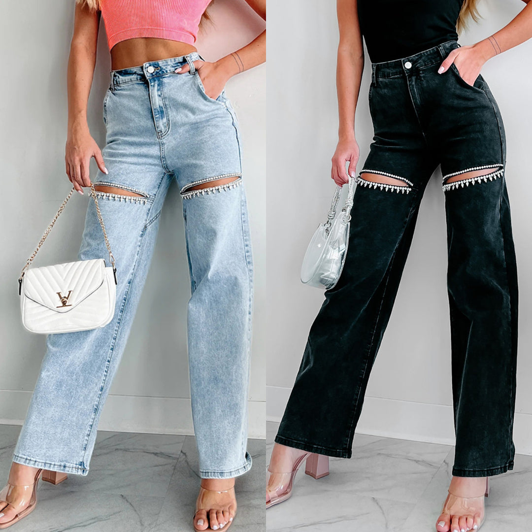 Damen High-Waist Jeans mit ausgefallenem Cut-Out-Design und dezenten Strass-Applikationen Drune
