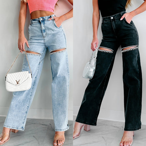 Damen High-Waist Jeans mit ausgefallenem Cut-Out-Design und dezenten Strass-Applikationen Drune