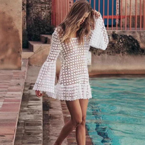 Damen Raffiniertes Häkelkleid im Boho-Stil mit weiten Ärmeln Drune