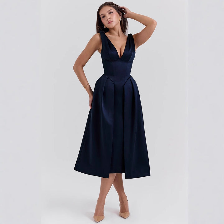 Damen Maxikleid mit elegantem V-Ausschnitt und strukturiertem Rock Drune